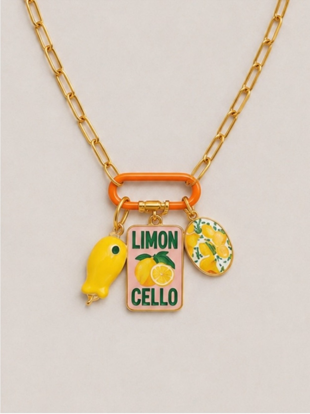 New! 18K Gold Plated Lemon Limon Cello Carabiner Necklace NWOT